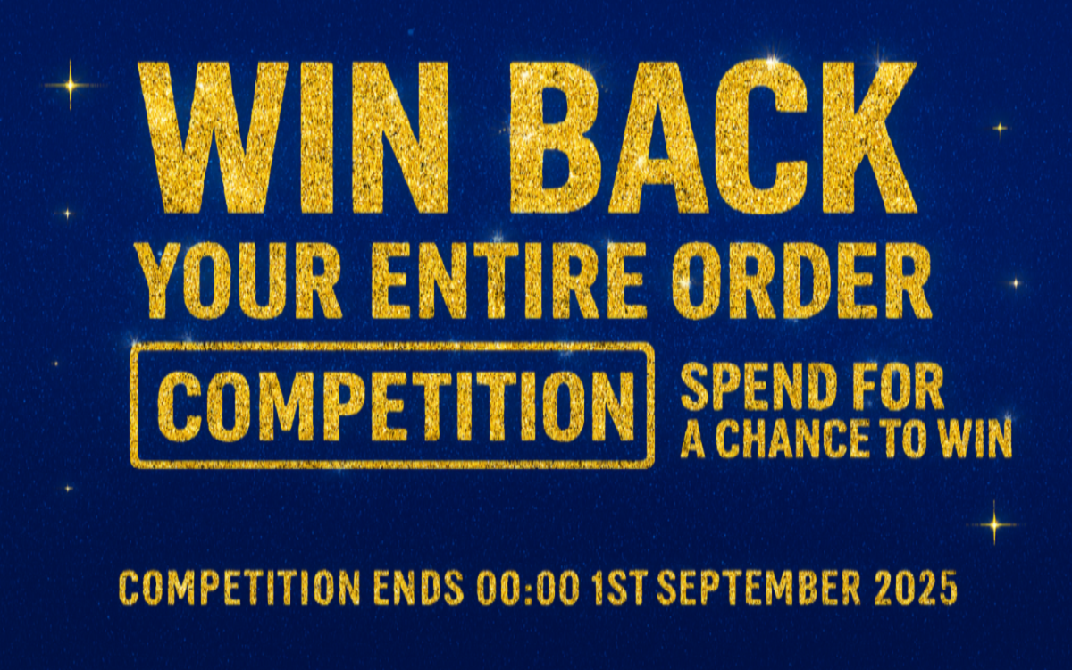 Promotional text for a competition to win back an entire order on a blue background with gold text.