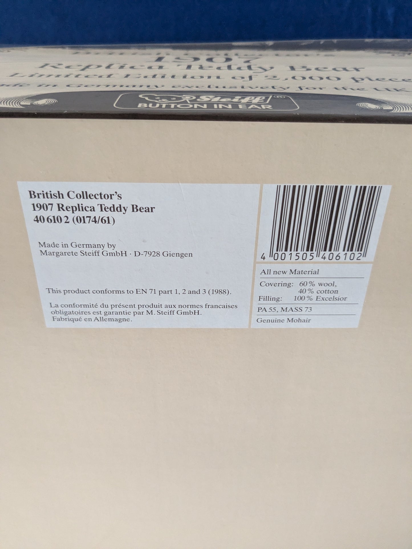 Steiff 1907 British Collectors Replica Teddy Bear Limited Edition