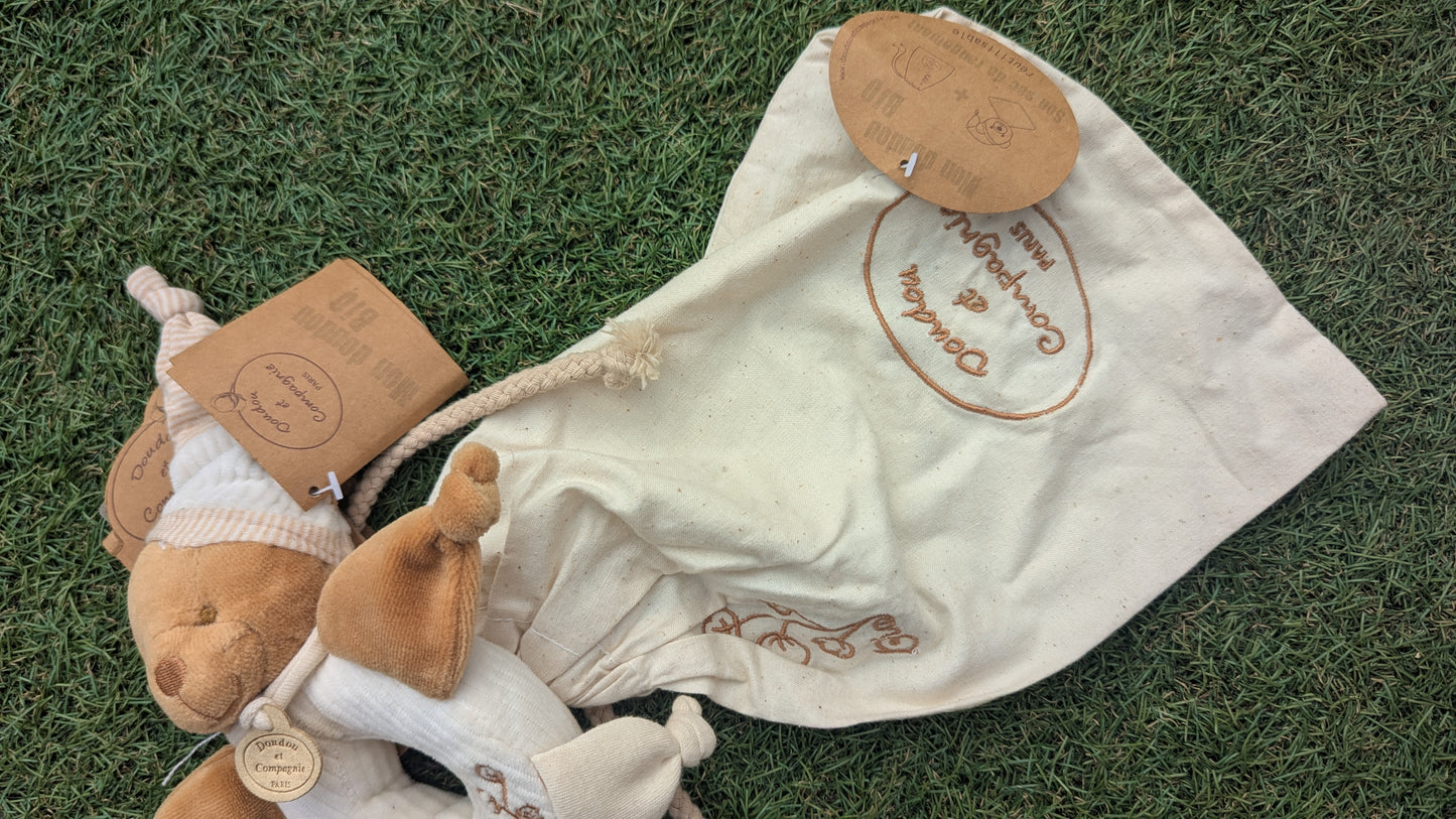 Mon DouDou Plush Organic Bear Rattle & Sack