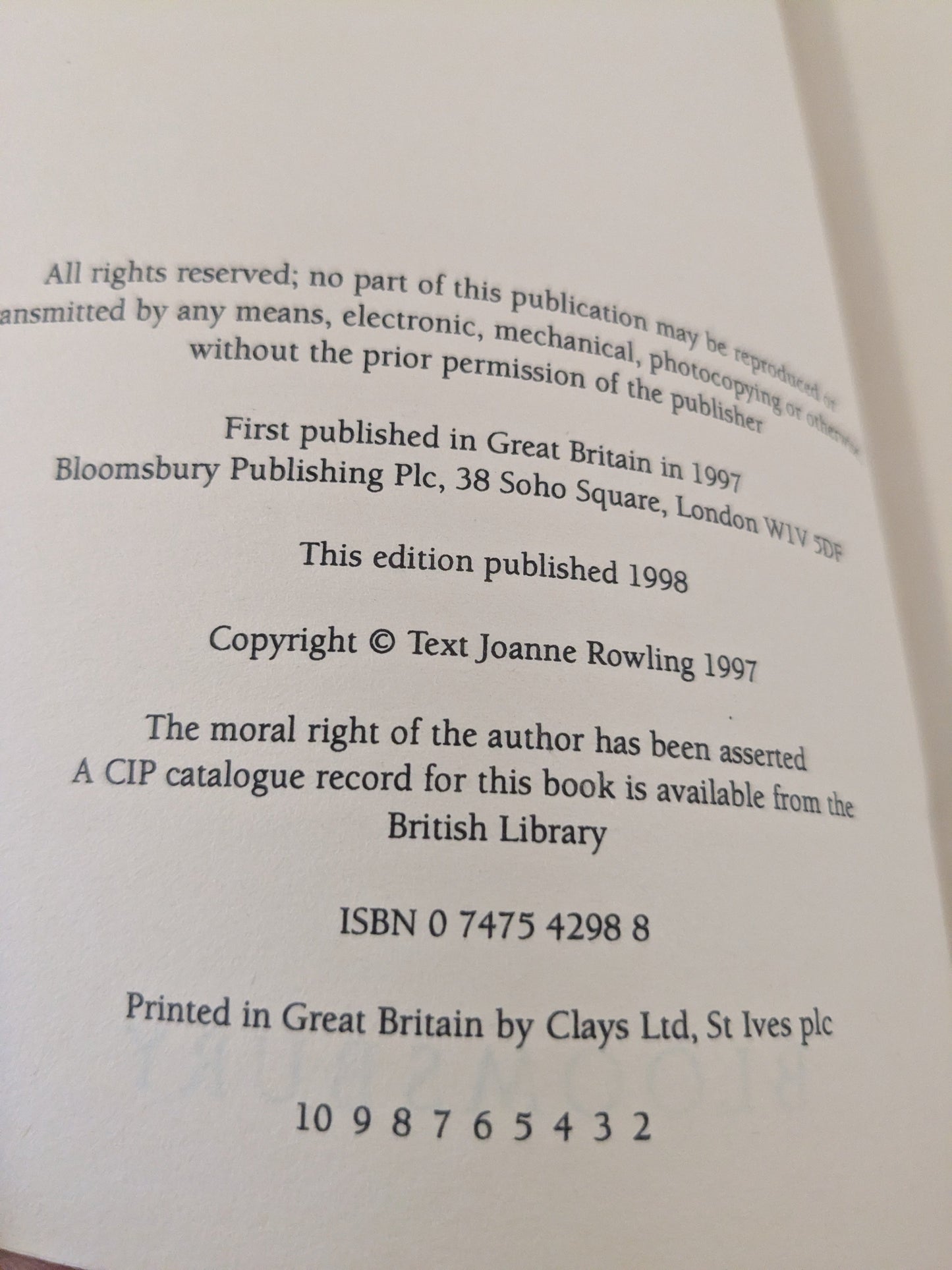 Harry Potter and the Philosopher's Stone First Edition (2nd Impression) 1998 Adult Cover