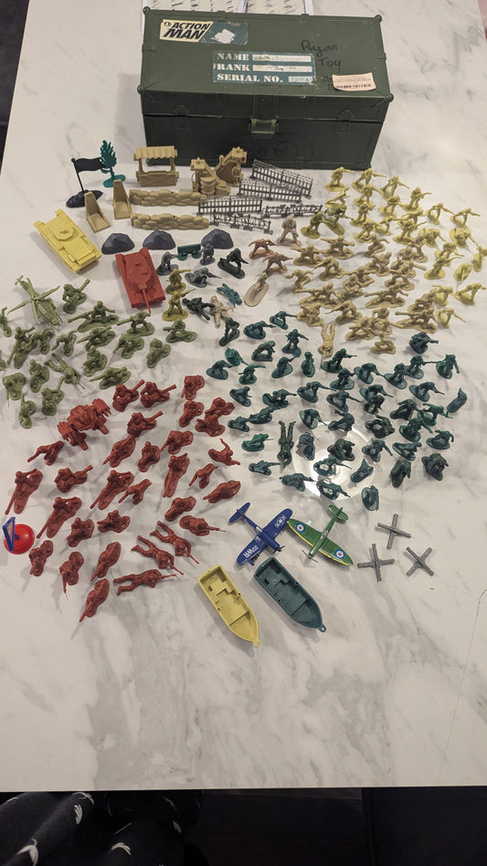 Plastic Box of Action Men Figures, Accessories and Vehicles