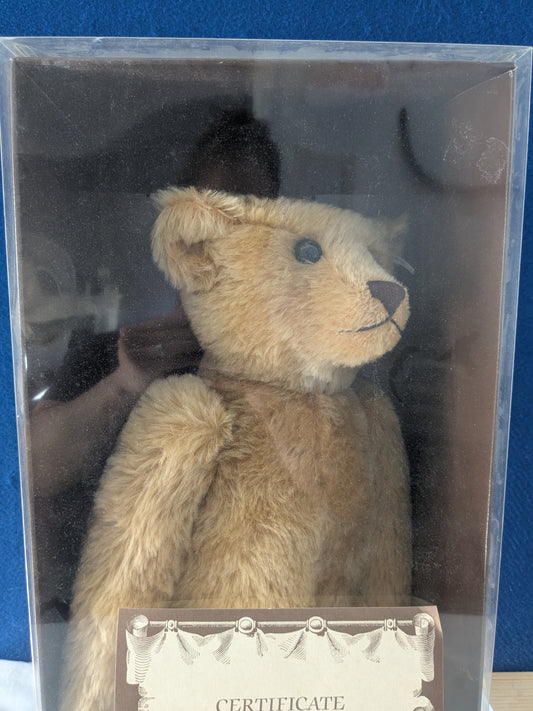 Vintage teddy bear in a clear box with a blue background